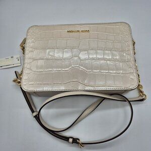 Michael Kors Crossbody Handbag Purse Jet Set Large Leather Lt Cream Metallic